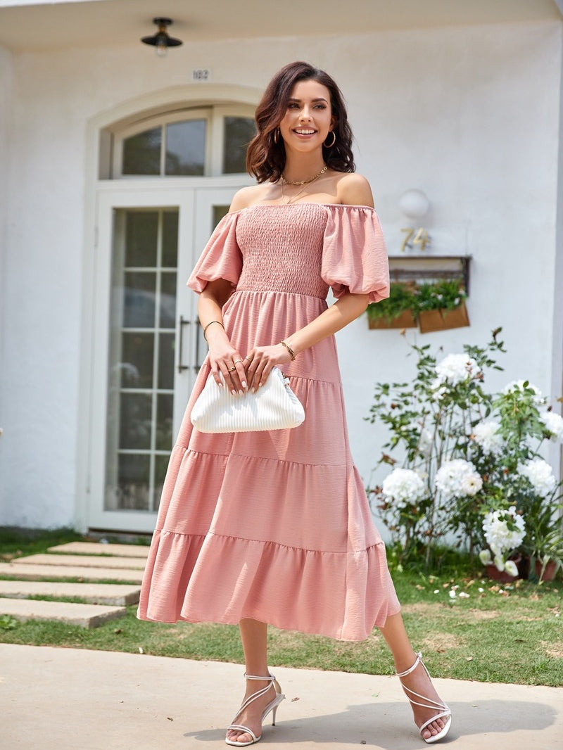 Square Neck, Backless, Puff Sleeve, Pleated Short-sleeved Long Dress