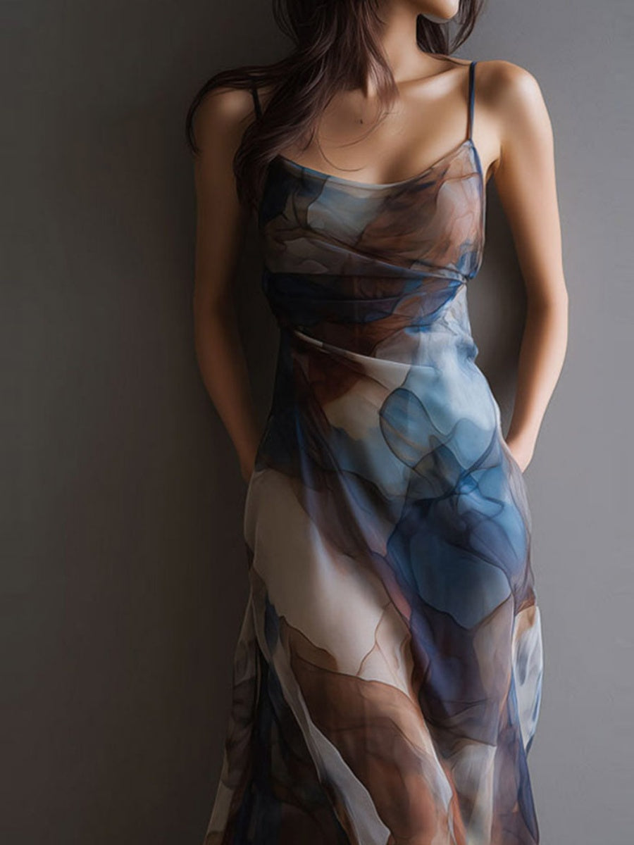 Printed Gradient Hip-hugging Mesh Camisoles Maxi Dresses