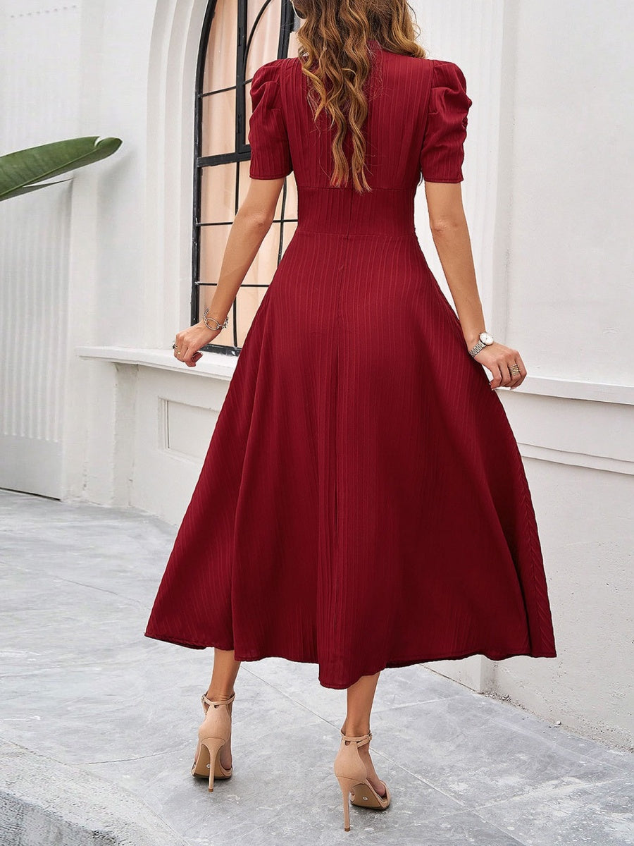 Pleated Waist Short Sleeve Maxi Dresses