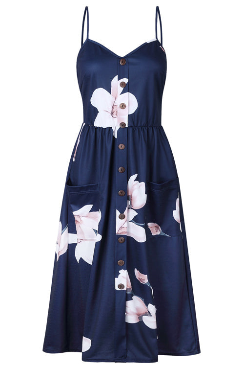 Sunflower Print Spaghetti Strap Button Front Fit and Flare Midi Dress