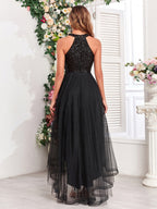 Halter Sequins Mesh Irregular Hem Formal Dress Maxi Dresses