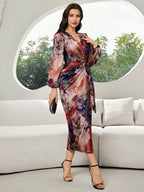 Printed V-neck Cardigan With Belt Midi Dresses