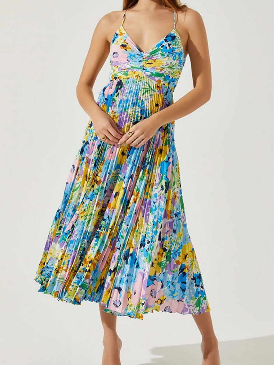 V-neck Camisoles Backless Graffiti Maxi Dresses