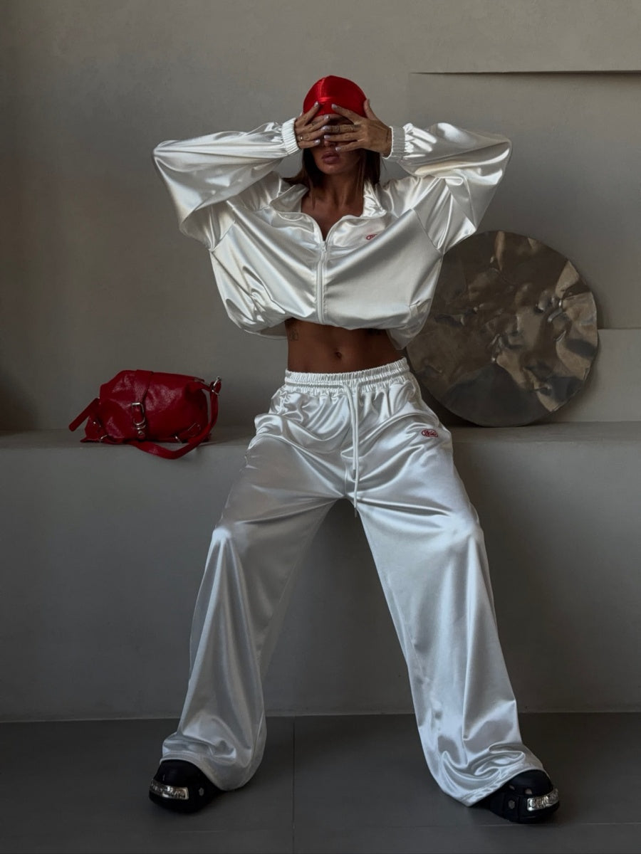 Zippered Loose Sweatshirt Jacket And Wide-Leg Pants Two-Piece Set