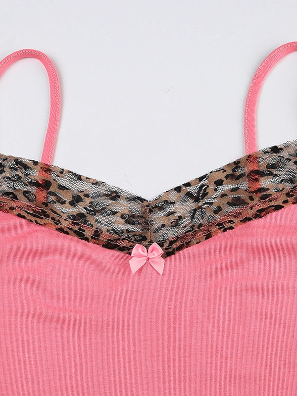 Pink Leopard Print Patchwork Lace Camisole