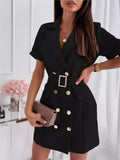 Double-breasted Lapel Belts&Chain Short Sleeve Waist Short Suit Dress