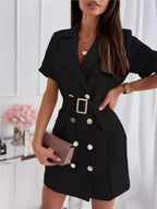 Double-breasted Lapel Belts&Chain Short Sleeve Waist Short Suit Dress