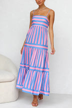 Spaghetti Strap Tiered Color Block Striped Maxi Dress