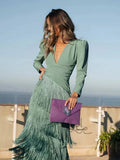 Long Sleeve Deep V Tassel Maxi Dresses