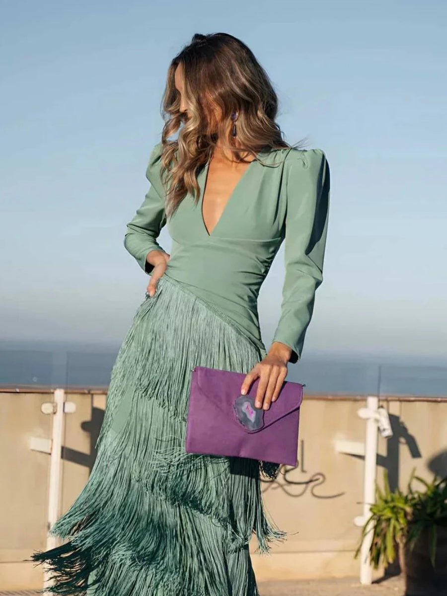 Long Sleeve Deep V Tassel Maxi Dresses