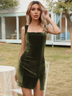 Velvet Slit Square Collar Hip Mini&Short Dresses