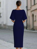 Grace One-shoulder Collar Mid-length Sleeves Slim-fit Midi Dresses