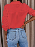 Simple Long-sleeved V-neck Button-down Shirt