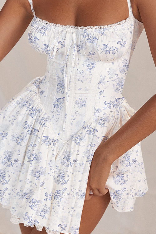 Lace Trim Corset Tie Front Bustier Gathered Skirt Mini Dress