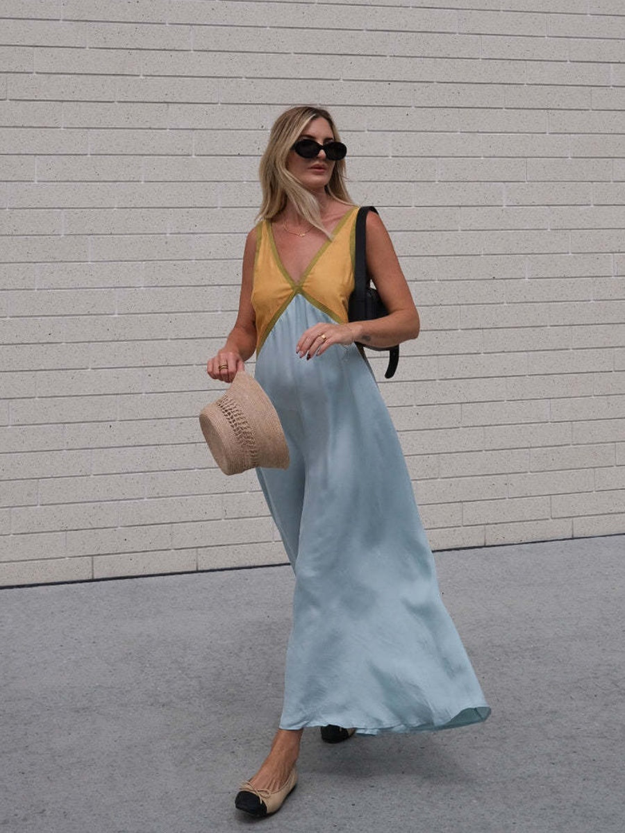 V-neck Sleeveless Color-blocked Maxi Dress
