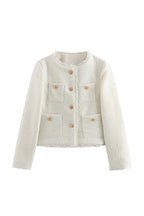 Button Up Frayed Hem Short Tweed Jacket