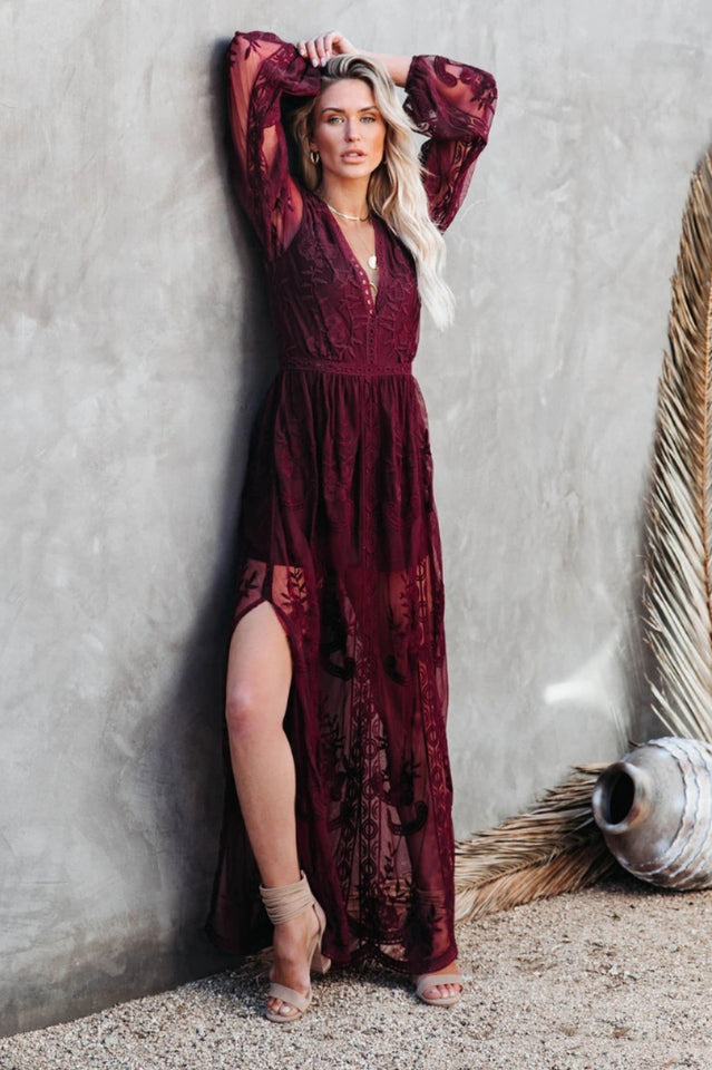 Lace Floral Embroidery Deep V-Neck Bishop Sleeve High Split Sheer Maxi Dress