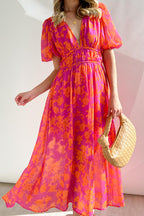 Abstract Geometric Print Deep V-Neck Puff Sleeve Cinched Waist Maxi Dress