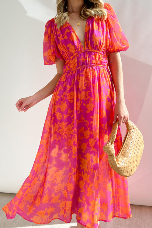 Abstract Geometric Print Deep V-Neck Puff Sleeve Cinched Waist Maxi Dress