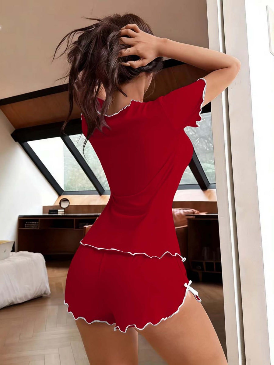 Sexy Bow-Tie Stretch Short-Sleeve And Shorts Set - Can Be Worn Out As Loungewear