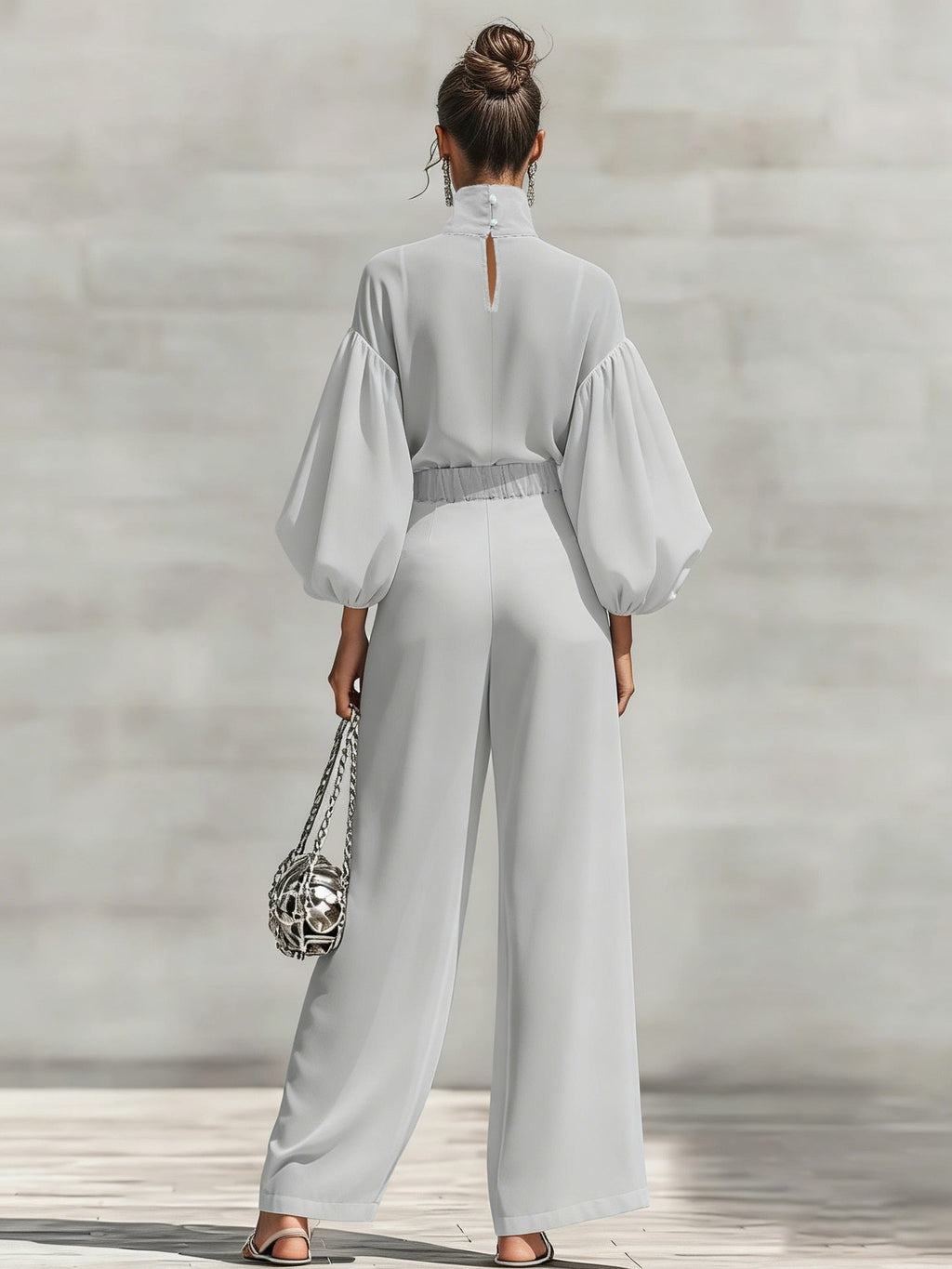 Chiffon Stand-up Collar Puff Sleeve High-waisted Draped Wide-leg Pants Two-piece Set