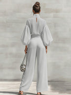 Chiffon Stand-up Collar Puff Sleeve High-waisted Draped Wide-leg Pants Two-piece Set
