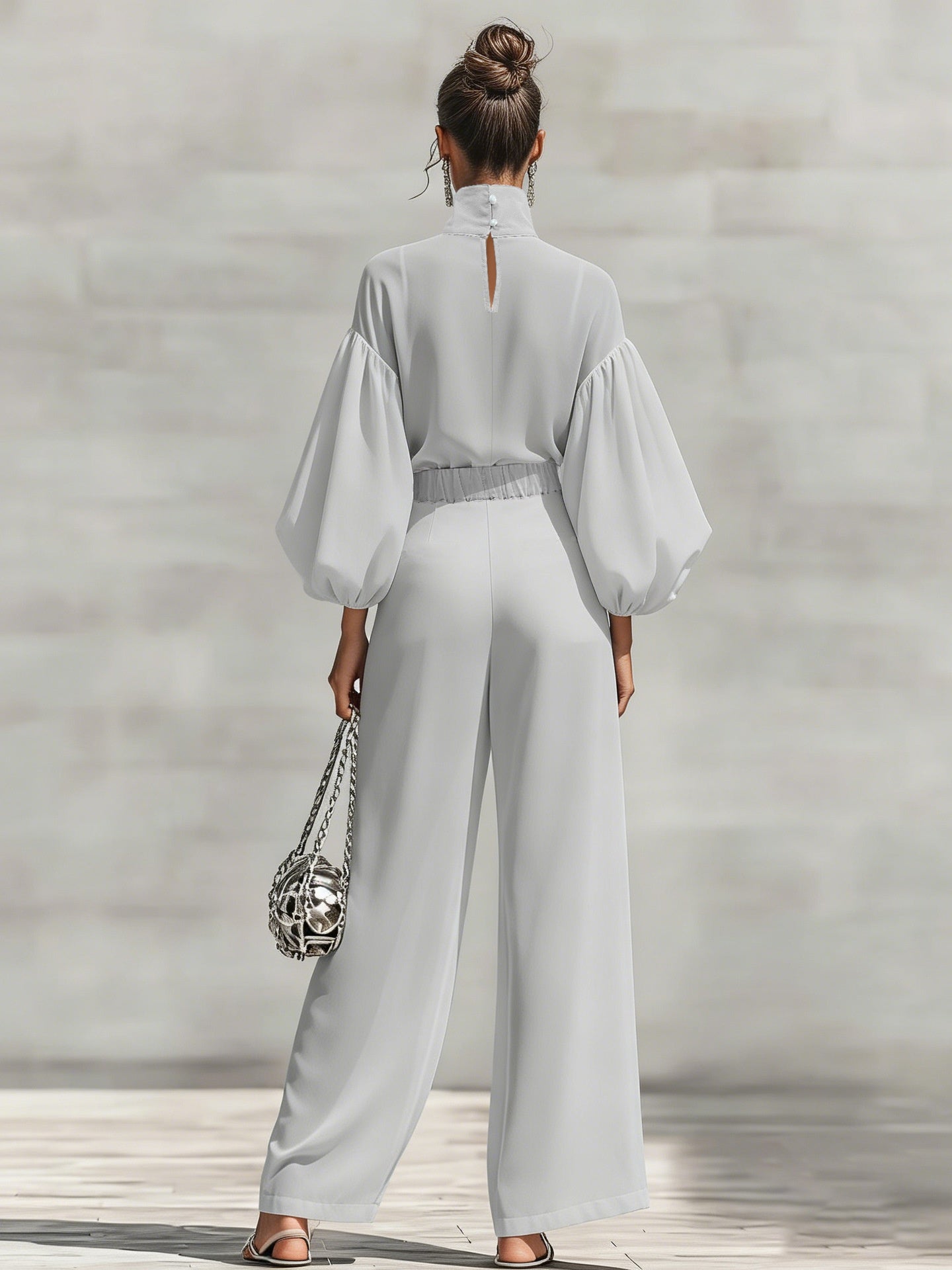Chiffon Stand-up Collar Puff Sleeve High-waisted Draped Wide-leg Pants Two-piece Set
