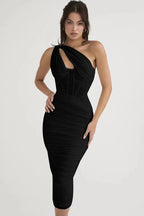 One Shoulder Cut Out Corset Bodice Ruched Gathered Mesh Midi Dress