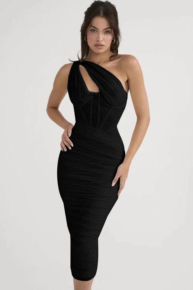 One Shoulder Cut Out Corset Bodice Ruched Gathered Mesh Midi Dress