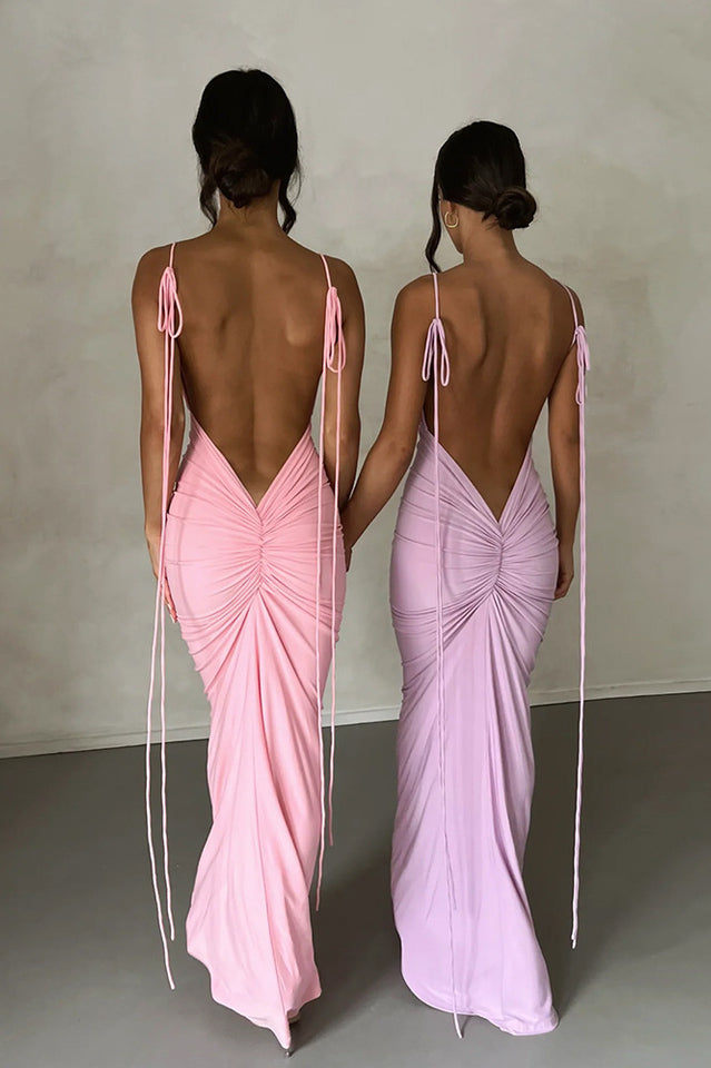 Tie Shoulder Deep Open Back Ruched Bodycon Maxi Dress