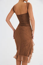 Crew Neck Ruched Mesh Bodycon High Slit Tiered Ruffle Hem Midi Dress