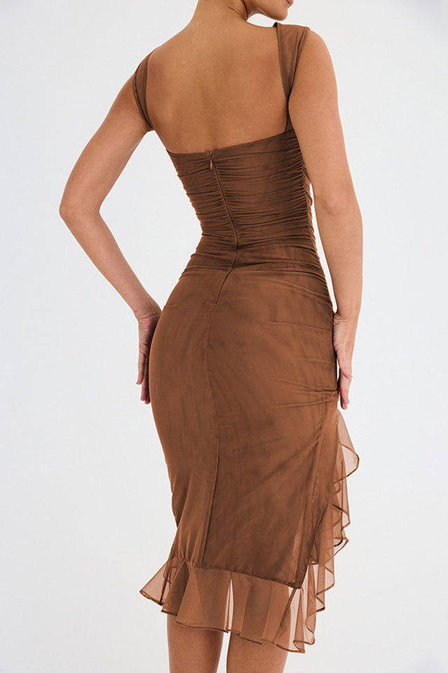 Crew Neck Ruched Mesh Bodycon High Slit Tiered Ruffle Hem Midi Dress
