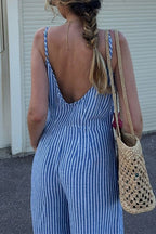 V Neck Backless Wide Leg Striped Cami Jumpsuit