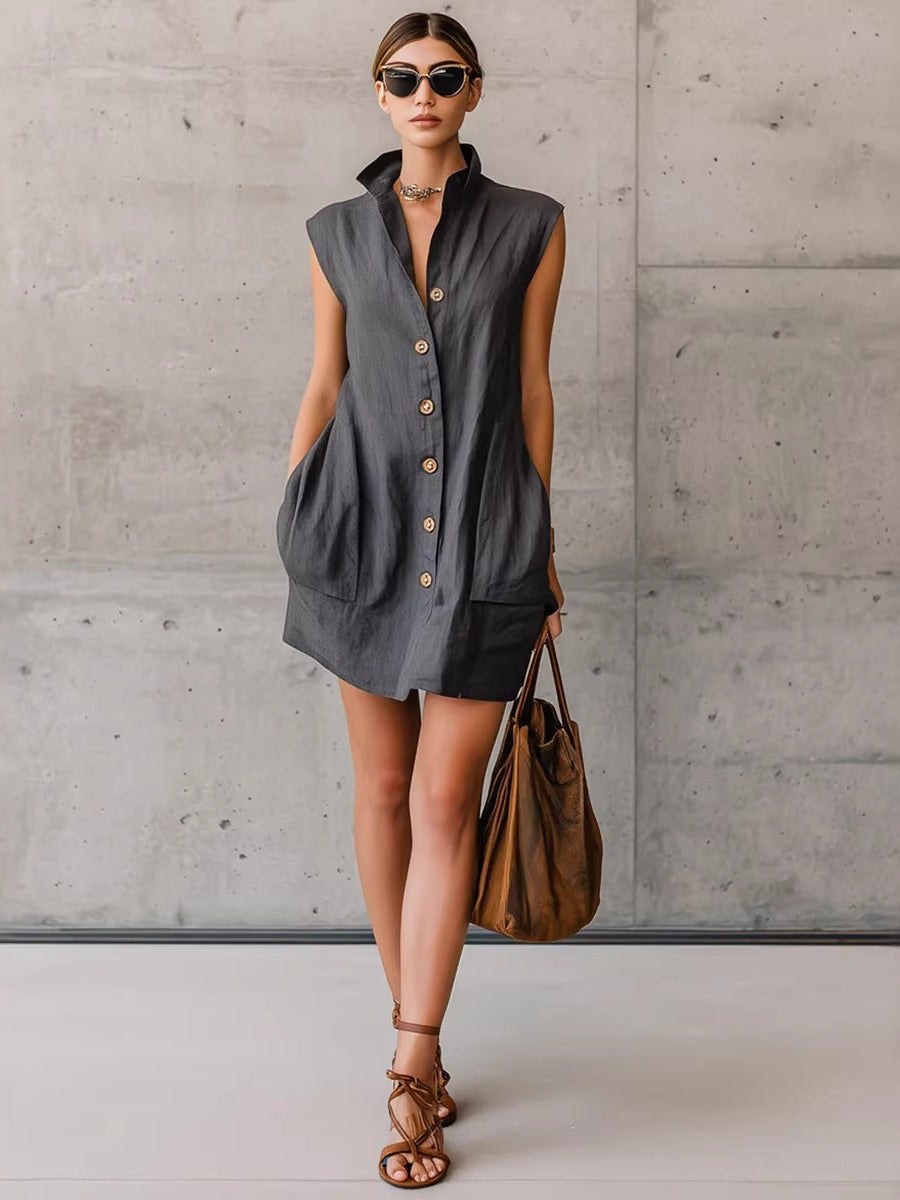 Sleeveless Stand-collar Shirt Dress With Pockets, Vacation Style Short Dress