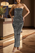 Strapless Tube Back Slit Rhinestone Maxi Party Dress