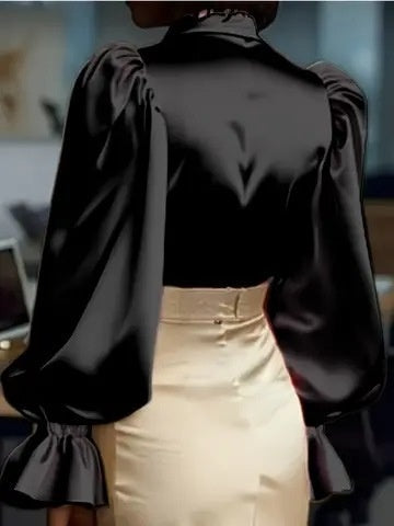 Puff Sleeve Long-sleeved Collared Satin Shirt