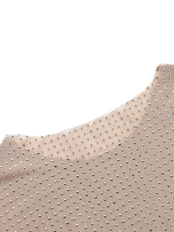 Nude Rhinestone See-through Tight-fitting Long-sleeved Top