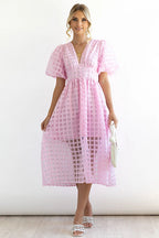 Puff Sleeve Sheer Grid Check Empire Waist Button Front Midi Dress