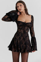 Square Neck Corset Tie Front Floral Lace Bell Sleeve Mini Dress