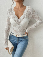 Lace-trimmed Long-sleeved Sheer Top