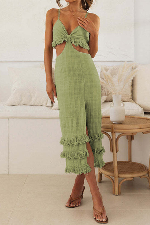 V Neck Cut Out Waist Slit Tassel Midi Cami Dress