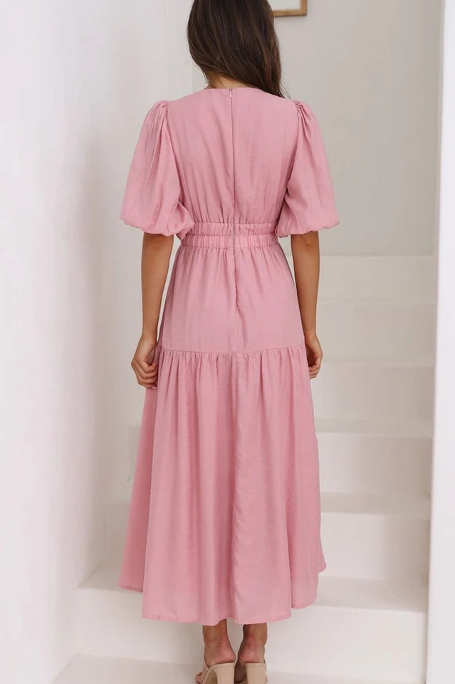 Deep V-Neck Smocked Waist Puff Sleeve Tiered Midi Dress