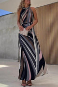 Sleeveless Tie Waist Color Block Striped Maxi Dress