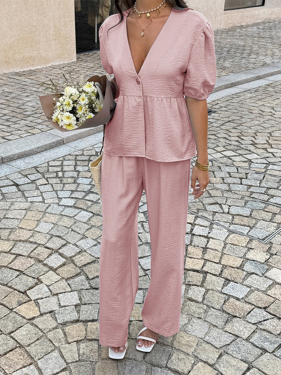 Resort Style Solid Color V-Neck Short-Sleeve Top And Pants Two-Piece Set