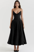 Strapless Plunging V-Neck Corset Bodice Box Pleat A-Line Midi Dress