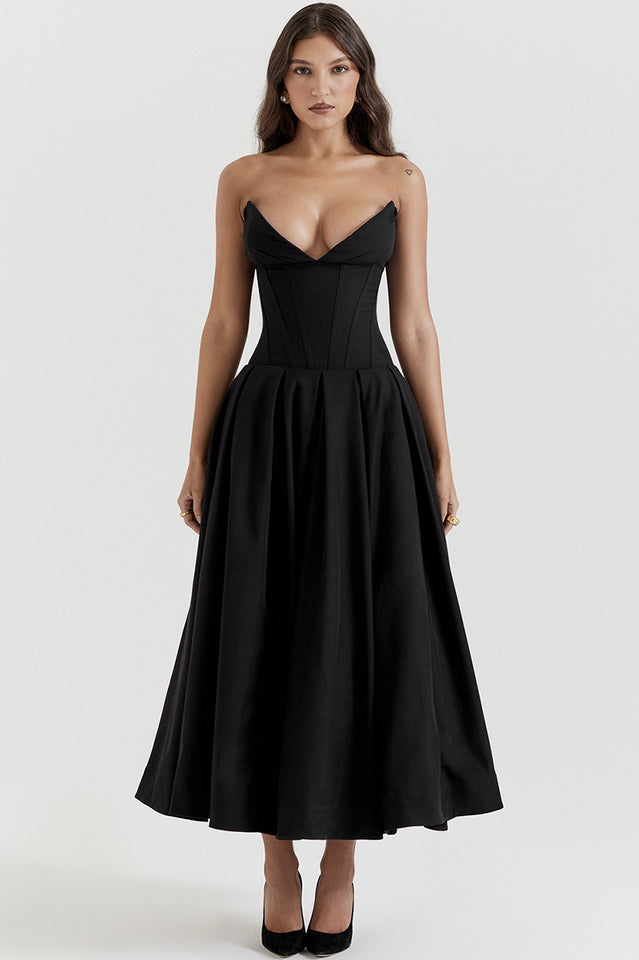 Strapless Plunging V-Neck Corset Bodice Box Pleat A-Line Midi Dress