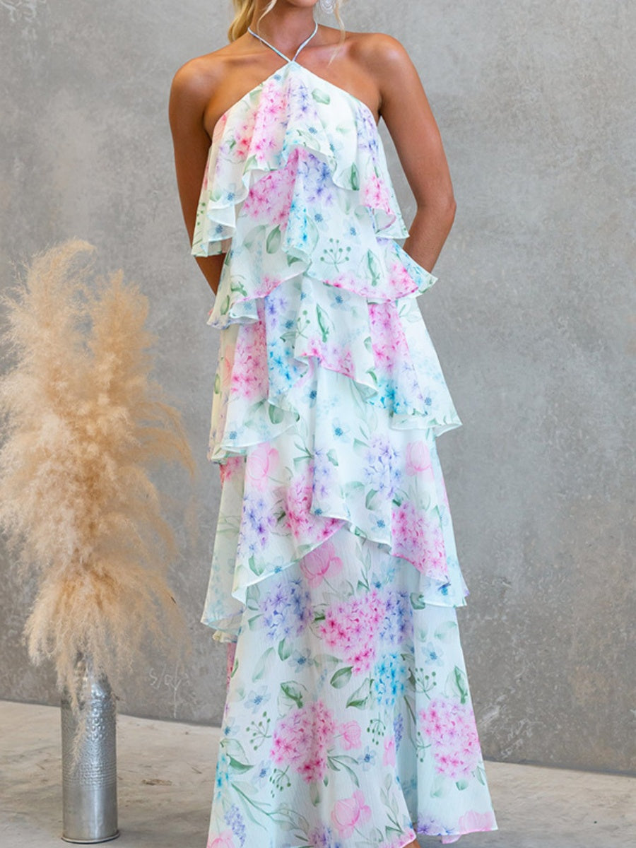 Chiffon Multi-story Halter Printed Vacation Maxi Dresses