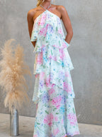 Chiffon Multi-story Halter Printed Vacation Maxi Dresses