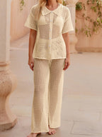 Loose-fitting Short-sleeved Shirt, Casual Trousers, See-through Cutout Sexy Vacation Sun Protection Beachwear