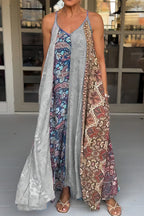 V Neck Color Block Printed Swing Maxi Cami Vacation Dress